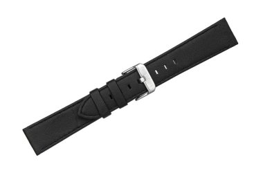 Beyaz arka planda izole edilmiş gümüş metal tokalı siyah deri saat askısı..