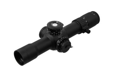 Profesyonel mat siyah taktik tüfek dürbünü temiz beyaz arka planda ayarlama taretleri ile.