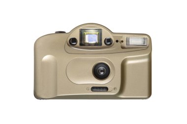 Beyaz renkte izole edilmiş klasik bir şampanya, nişan al ve çek kamerasının ön görüntüsü..