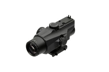 Siyah taktik prizma taretleri ve beyaz zemin üzerine monte edilmiş bir baz..