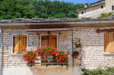 güzel vintage balkon renkli çiçekler ve ahşap kapılar