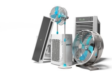 3D mavi vantilatör klimaları ve portatif klimalar serinletici beyaz arka plan ve gölgeli