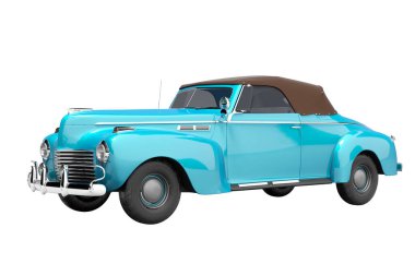 3D görüntüleme mavi klasik üstü açık deri araba beyaz arka planda izole edilmiş gölgesi yok