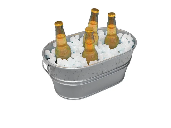 Representación Concepto Cerveza Refrigerada Cubo Hielo Sobre Fondo Blanco Sin — Foto de Stock