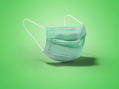 3D illüstrasyon yeşil tıbbi maske mavi arka planda gölgeli izole edilmiş