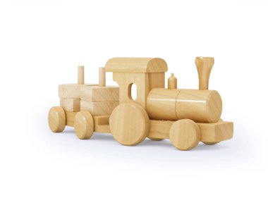 3D işlemeli ahşap çocuklar beyaz arka planda oyuncak römorklu ve gölgeli antrenman yapıyorlar.