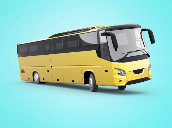 Rending Yellow Long Travel Bus Turn Blue Background Shadow — Stok fotoğraf