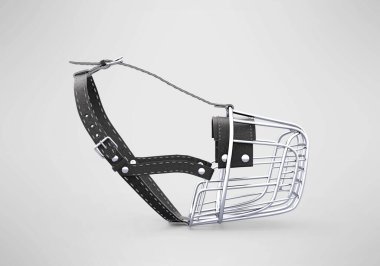 Gri arkaplanda gölgesi olan köpek için 3D metal ağızlık