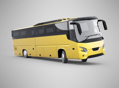 3D rending yellow long travel bus turn on gray background with shadow
