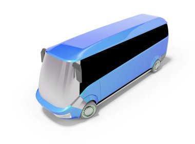 Beyaz arkaplanda gölgeli mavi elektrik otobüsünün 3D görüntülemesi