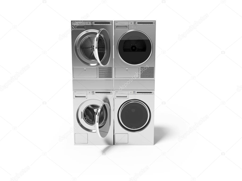 3d rendering group washing machine dryer on white background with shadow