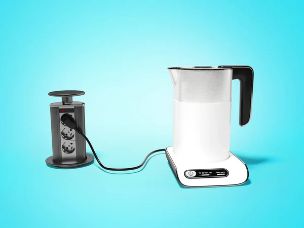 3d render electric kettle plugged in illustration on blue background with shadow