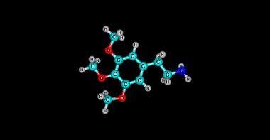 Meskalin moleküler yapısı üzerine siyah izole 3D çizimi