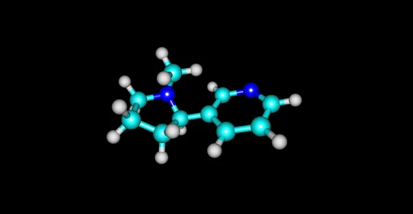 Ilustración 3D de la estructura molecular de la nicotina aislada en negro — Foto de Stock