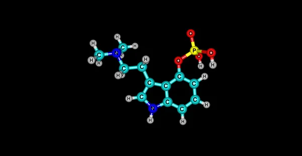 Illustrazione 3D della struttura molecolare della psilocibina isolata su nero — Foto Stock