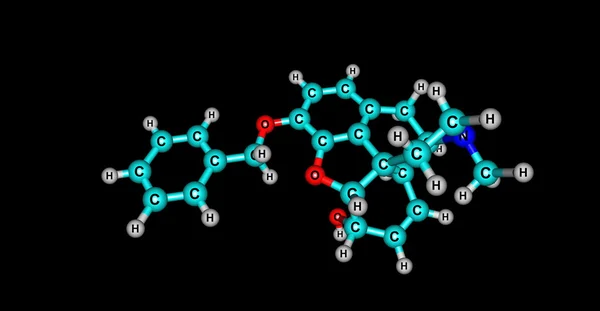Molekulare Struktur von Benzylmorphin isoliert auf schwarz — Stockfoto