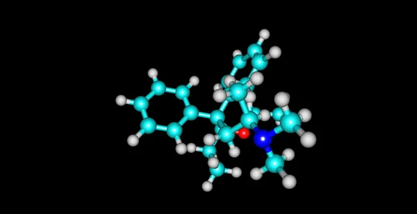 Estructura molecular del betacetilmetadol aislada en negro —  Fotos de Stock