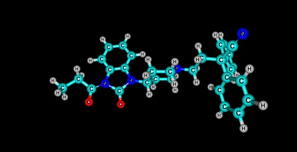 Estrutura molecular de bezitramida isolada em preto — Fotografia de Stock