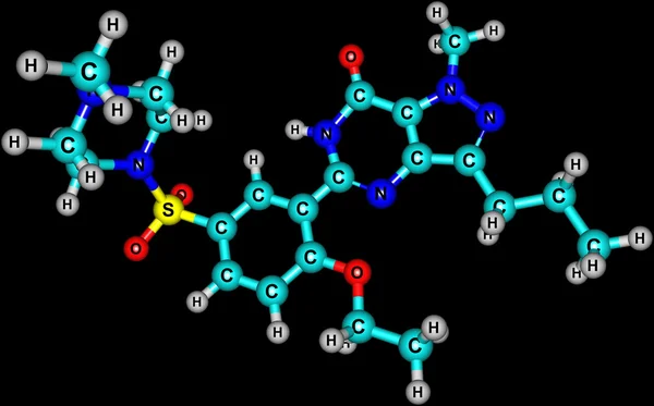 Struttura molecolare del sildenafil isolata su nero — Foto Stock