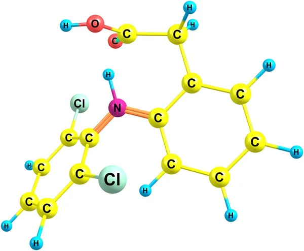 Diklofenak moleküler yapısı üzerinde beyaz izole — Stok fotoğraf