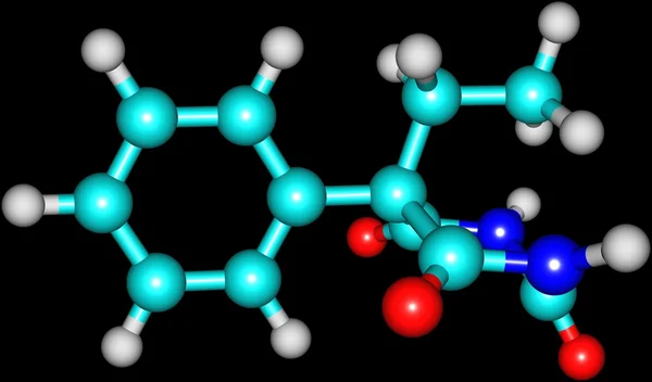 Estrutura molecular fenobarbital isolada em preto — Fotografia de Stock