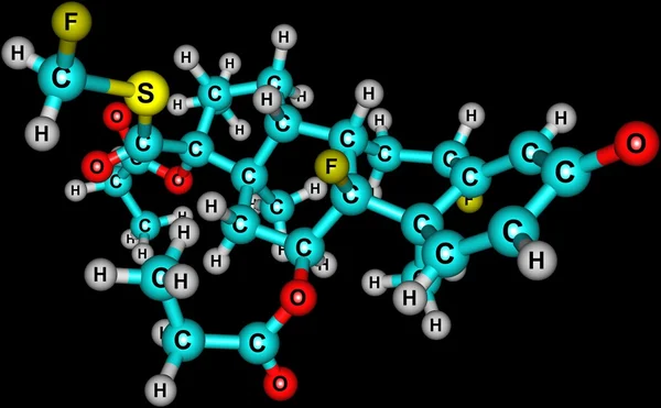 Flutikazon-propionát molekuláris szerkezete elszigetelt fekete — Stock Fotó