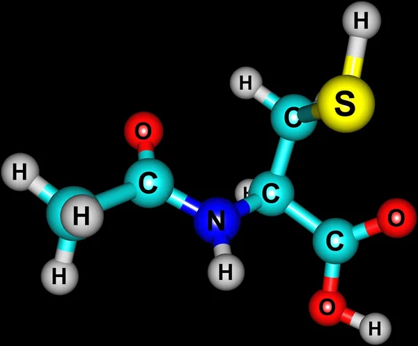 Molekulare Struktur von Acetylcystein isoliert auf schwarz — Stockfoto