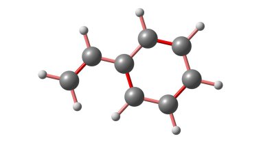 Styrene kimyasal formülü C6H5CH-CH2 olan organik bir bileşiktir. Benzen 'in bu türevi renksiz yağlı bir sıvıdır ancak eski örnekler sarımsı görünebilir. 3d illüstrasyon