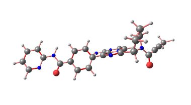 Acalabrutinib, Bruton tirozin kinazının bir oral inhibitörüdür ve B hücresi habis hastalıkları tedavisinde kullanılır. 3d illüstrasyon