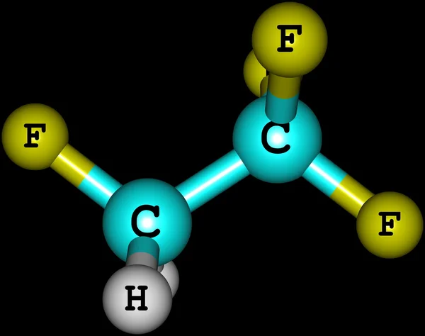 Molécula de tetrafluoroetano isolado em preto — Fotografia de Stock