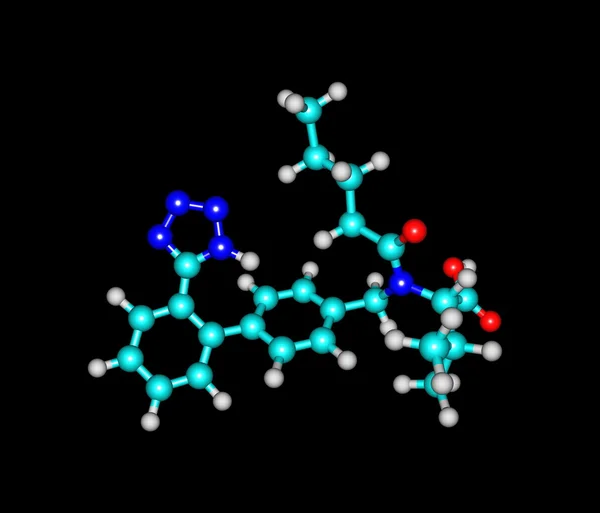 Молекулярная модель Вальсартана изолирована на чёрном — стоковое фото