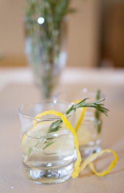 İki kokteyl bardağı ve biberiye dalları bir tablo