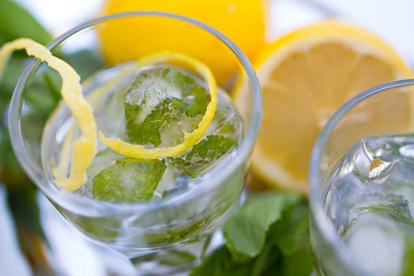 Vaso de agua espumosa con menta y limón —  Fotos de Stock