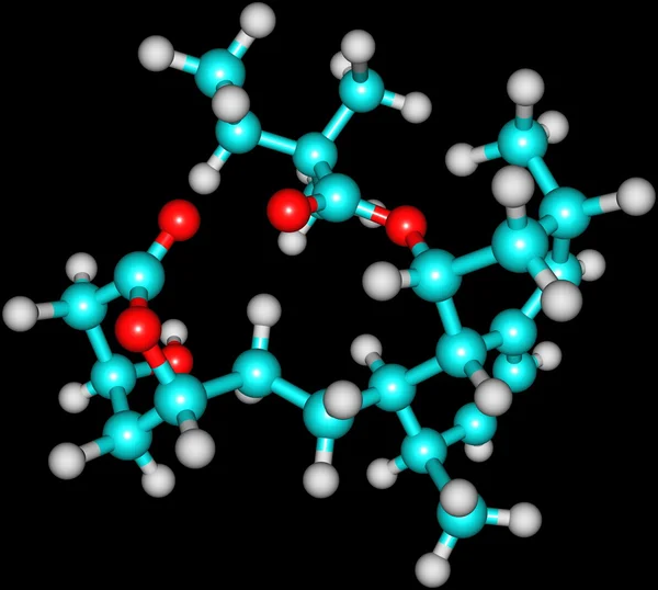 Molekulare Struktur von Simvastatin auf Schwarz isoliert — Stockfoto
