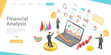 Finansal Analizin 3B Isometric Düz Vektör Kavramsal İllüstrasyonu.