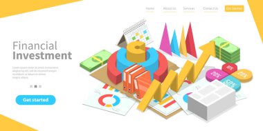 Finansal Yatırım Çözümlerinin 3 Boyutlu Isometric Flat Vektör İllüstrasyonu.