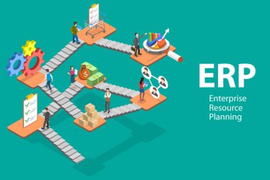 ERP 'nin 3D Isometric Düz Vektör Kavramsal İllüstrasyonu - Girişim Kaynak Planlama.
