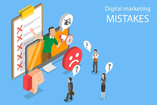 3D Isometrisk platt vektor Konceptuell illustration av digital marknadsföring misstag. — Stock vektor