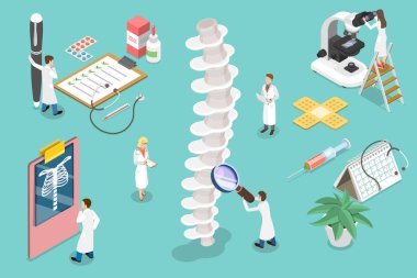 3 Boyutlu Isometric Vektör Spinal Bozuklukların Teşhisi ve Tedavisinin Kavramsal İllüstrasyonu.