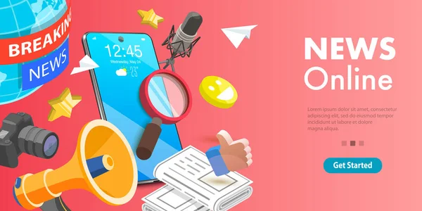 3D Isometric Flat Vector Conceptual Ilustracja aplikacji Online News. — Wektor stockowy