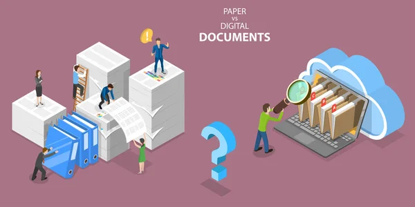 3D Isometric Flat Vector Conceptual Illustration of Paper VS Digital Documents. — 스톡 벡터