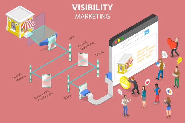3D Isometric Flat Vector Conceptual Illustration of Visibility Marketing Strategy — 스톡 벡터