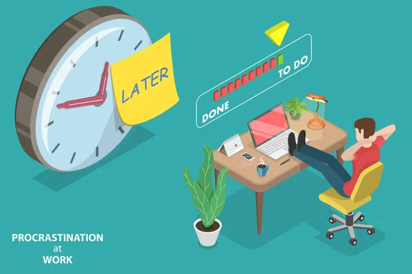 3D Isometric Flat Vector Conceptual Illustration of Procrastination at Work — Stock Vector