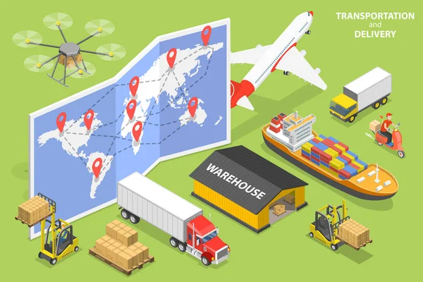 Illustrazione concettuale del vettore piatto isometrico 3D di logistica e trasporto — Vettoriale Stock