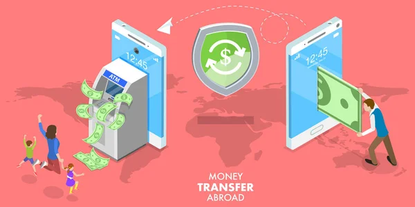 Illustration conceptuelle 3D du vecteur plat isométrique de l'argent de transfert à l'étranger — Image vectorielle