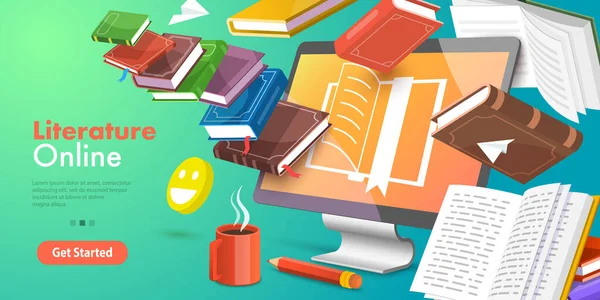 3D Vector Konceptuell illustration av litteraturläsning, Online Library — Stock vektor