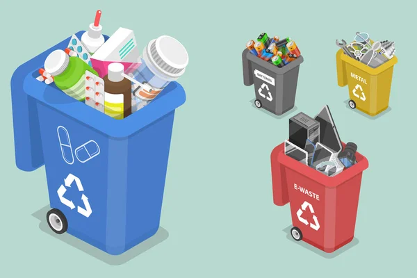 3D Isometrische vlakke vectorconcept voor het sorteren van afval voor recycling — Stockvector