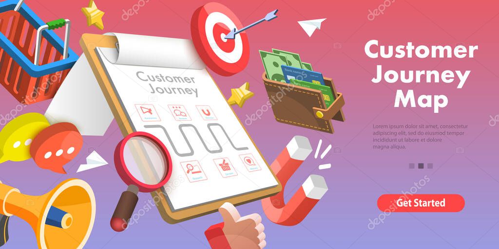 3D Isometric Flat Vector Conceptual Illustration of Customer Journey Map