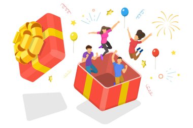 3D Isometric Düz Vektör Doğum gününde Arkadaş Sürprizinin Kavramsal İllüstrasyonu.
