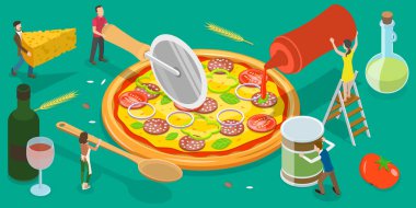 3 Boyutlu Isometric Düz Vektör Pizza Pişirmenin Kavramsal İllüstrasyonu.